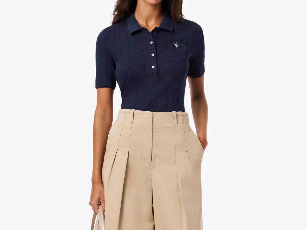 NEW LACOSTE pointelle polo in navy